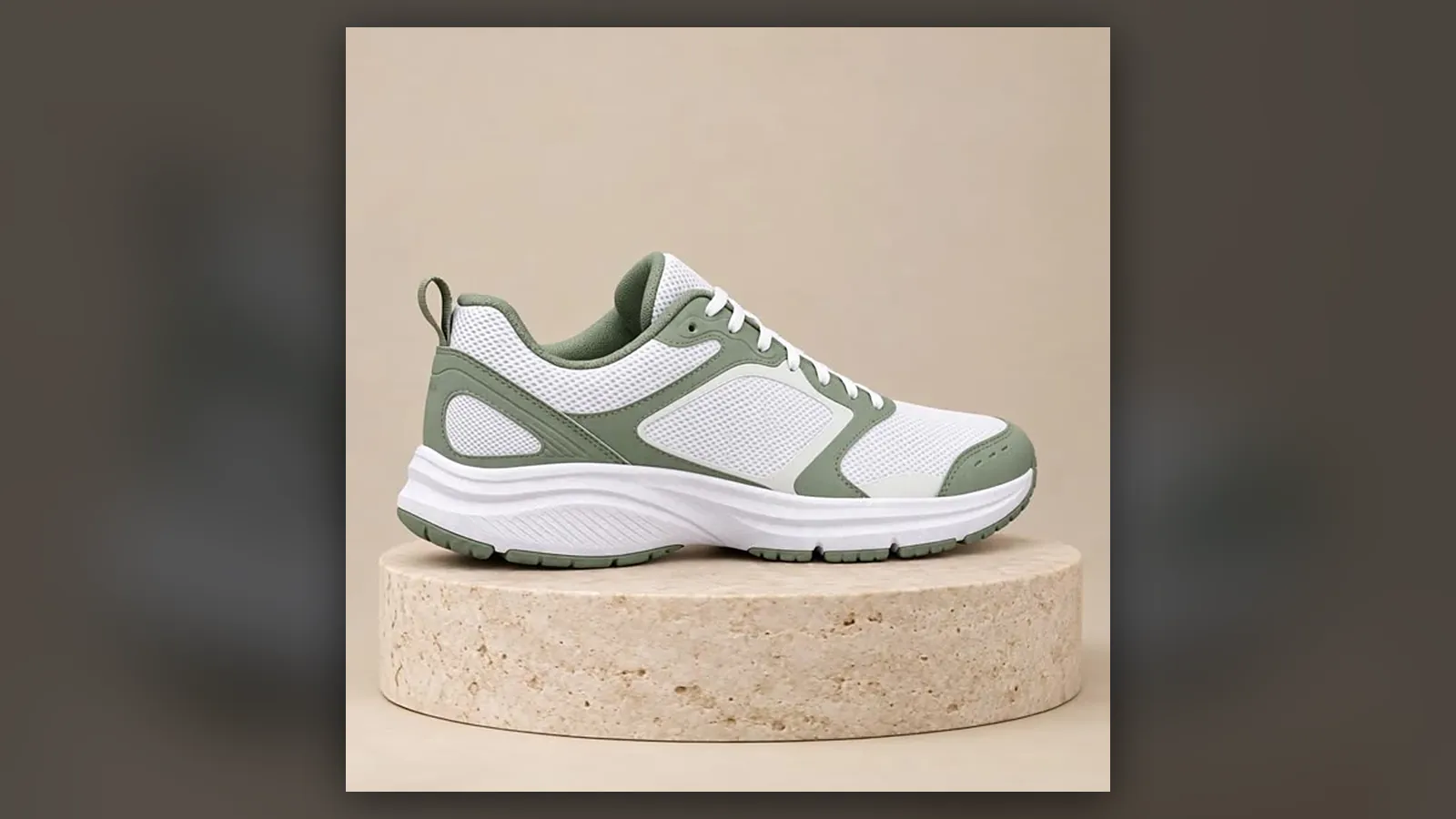 A white and green trainer on a stone plinth against a cream backdrop, a clean product shot