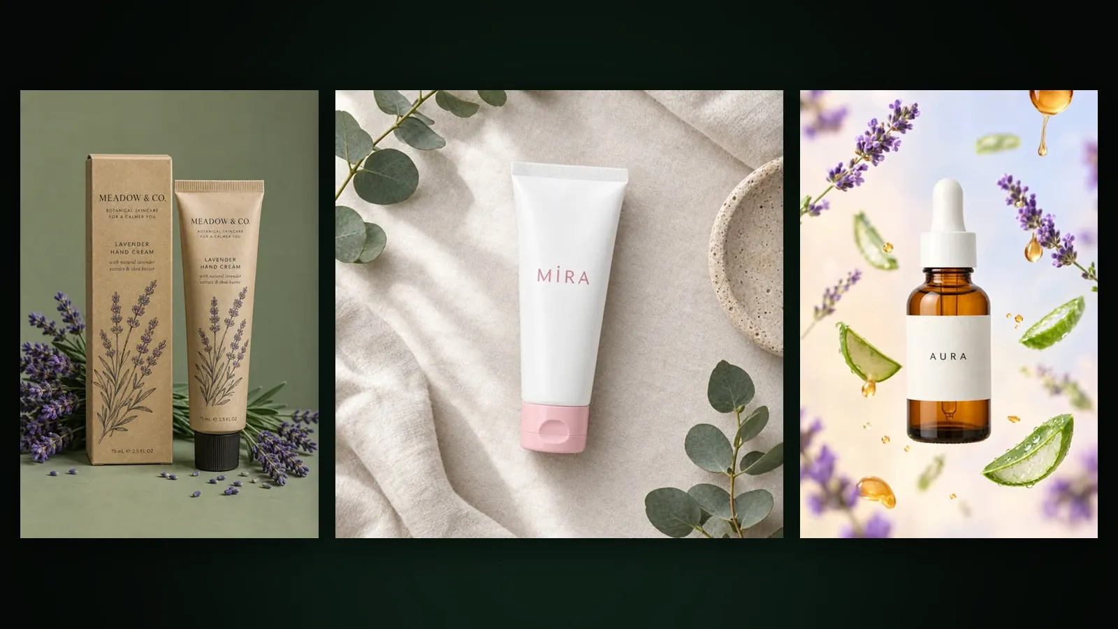 Three clean product images: cream tubes with lavender, a white tube on linen and a serum bottle among fruit