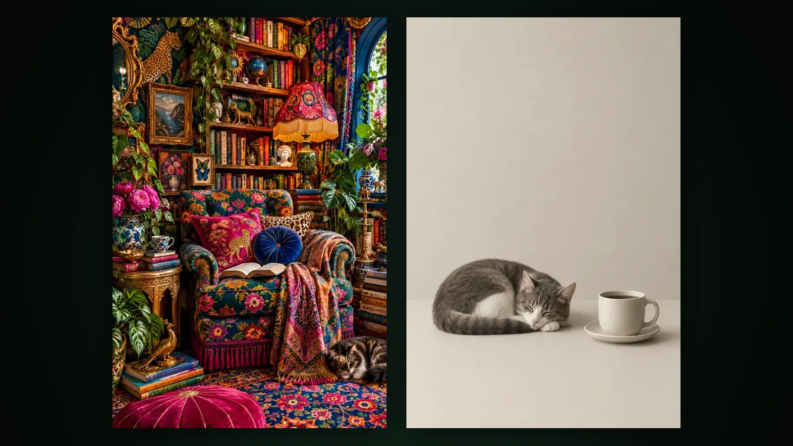 Two opposite images: a reading nook crowded with pattern and a cat asleep beside a coffee on a plain backdrop