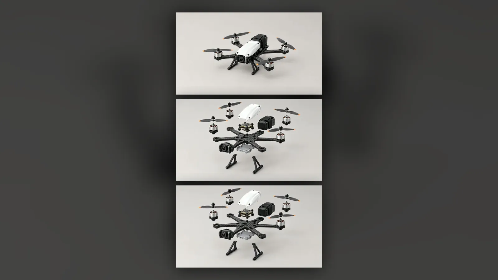 Three stacked drone frames moving from assembled to taken apart, like a sequence that plays as you scroll