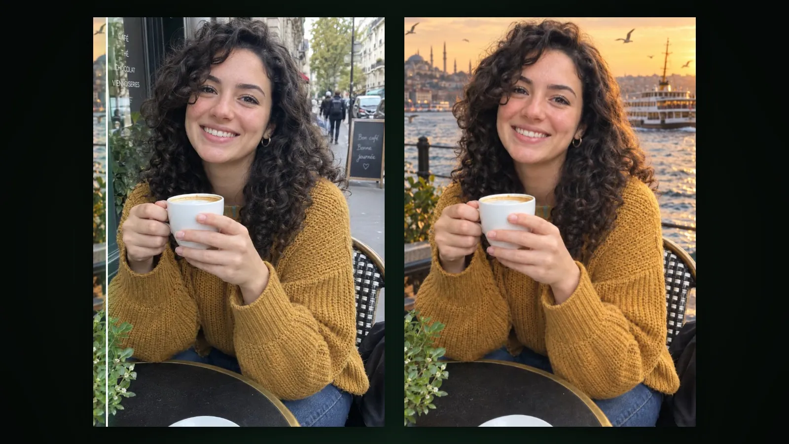 Two versions of one photo: a woman holding coffee at a café, with a street behind her, then the Bosphorus at sunset