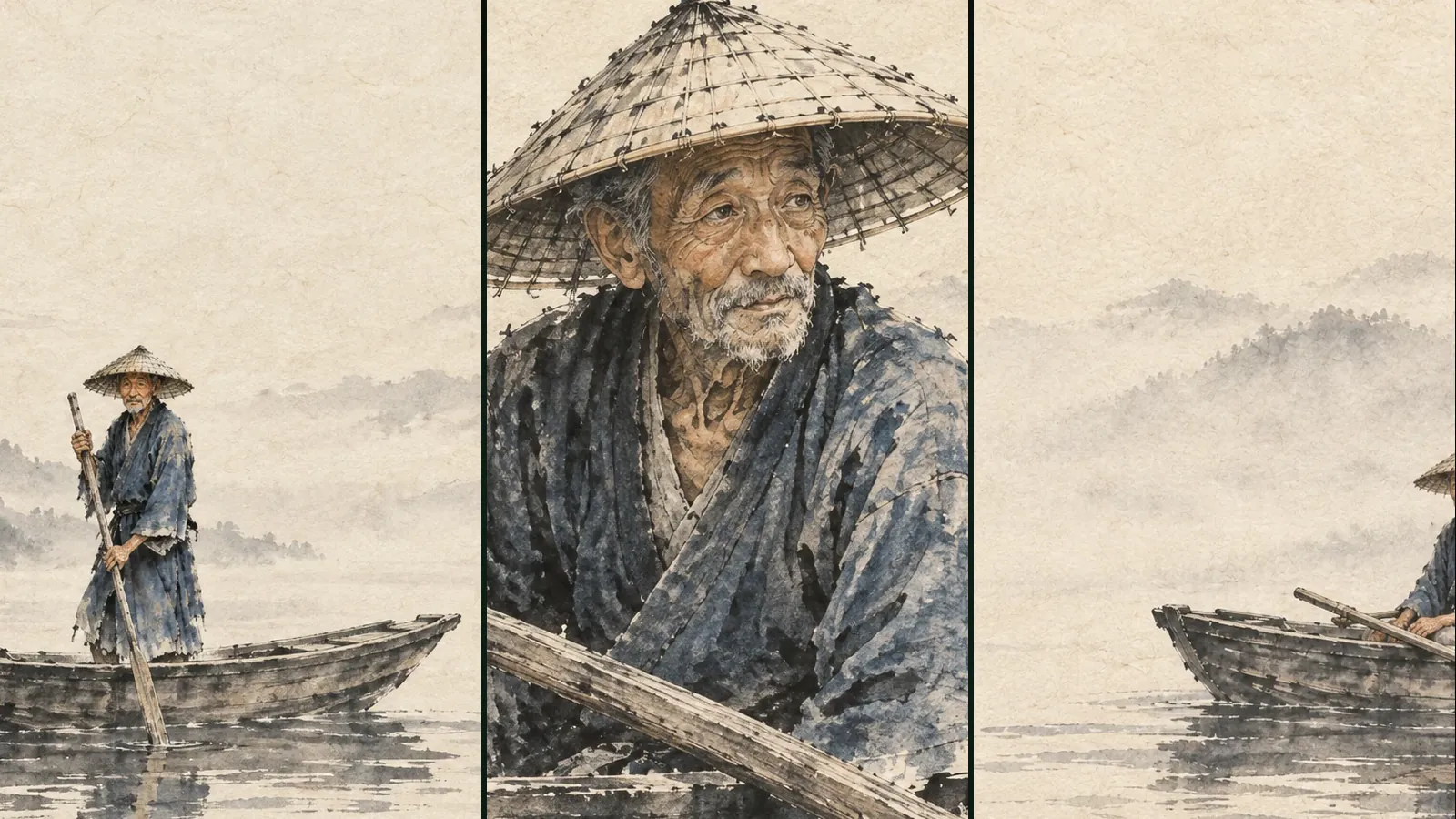 Three frames from one ink project: a fisherman rowing, a close-up of his face and the boat on a misty lake