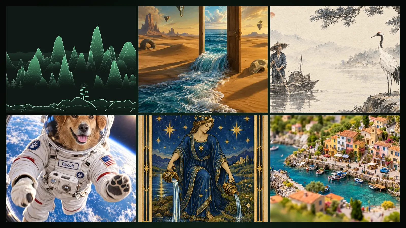 Sei esempi: montagne verdi a inchiostro, mare nel deserto, gru, cane astronauta, carta dei tarocchi, borgo