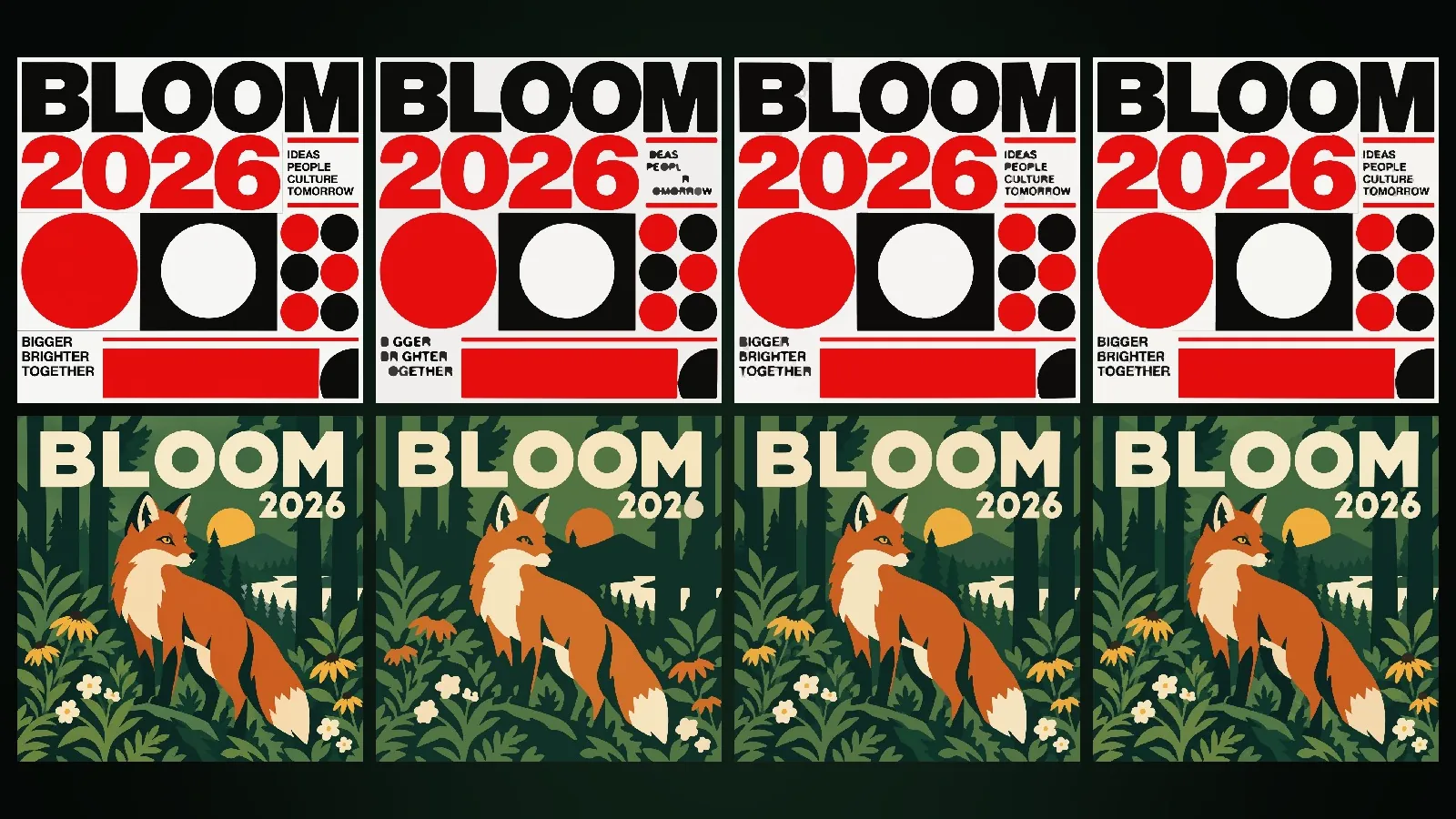 Swiss style and fox posters: the original raster image on the left and three vector versions at different detail