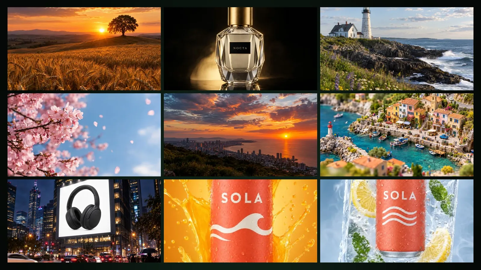 Nine video template covers: a field at sunset, perfume, a lighthouse, cherry blossom, a coastal town and drink cans