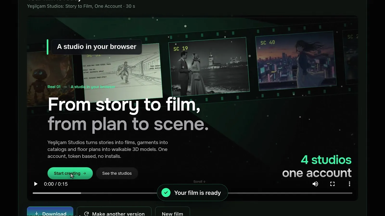 Finished film player in Website Promo with scene thumbnails, a film strip and a ready notice