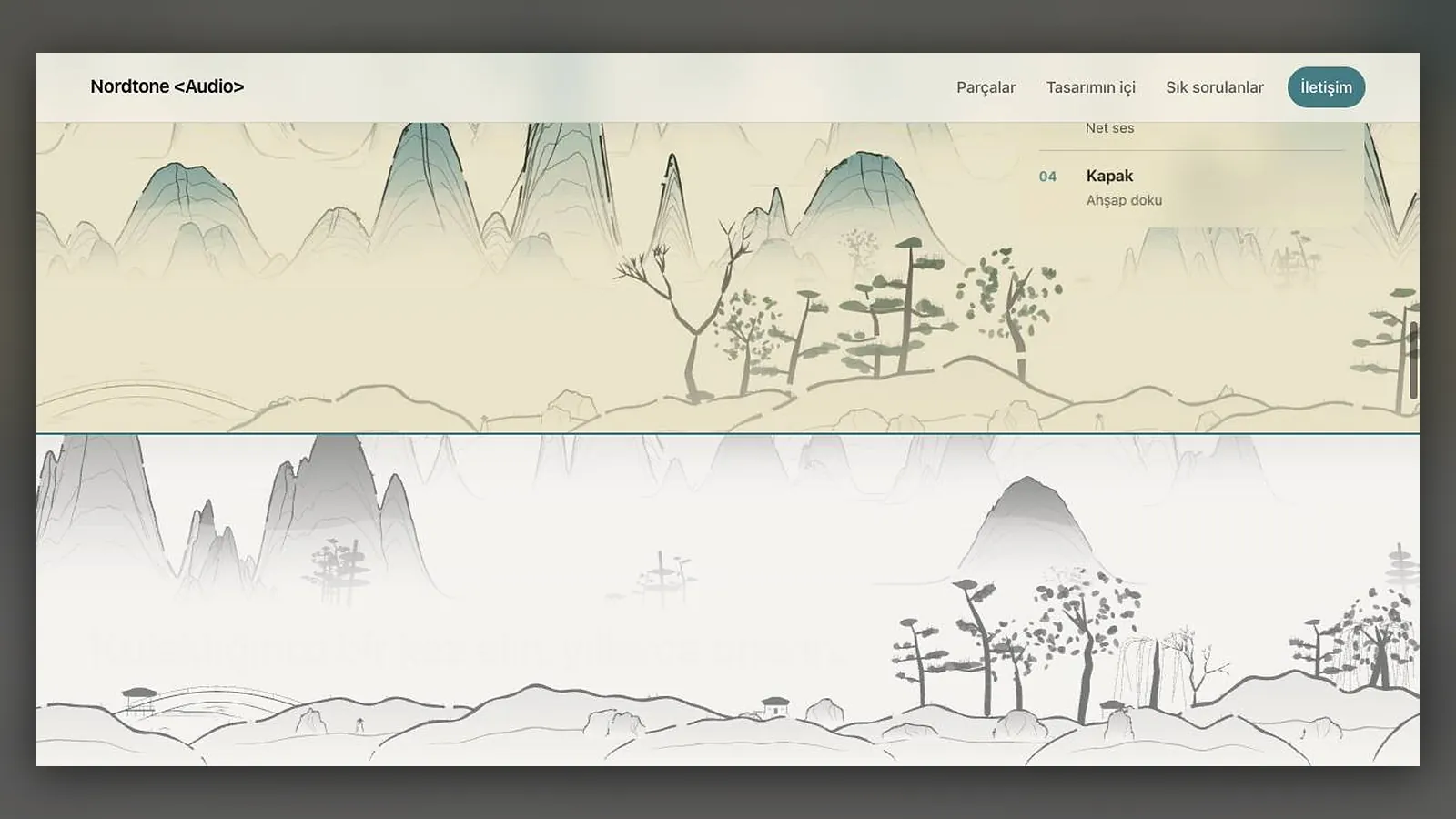The same site scrolled down: ink mountains below the menu fading into a misty second section