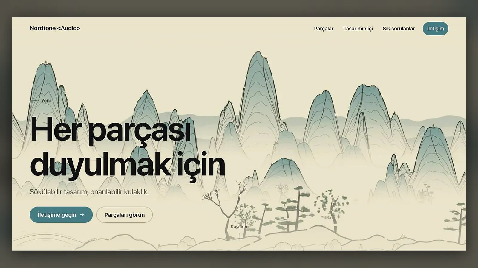 Top of an audio brand website with an ink mountain landscape, a large headline, short copy and two buttons