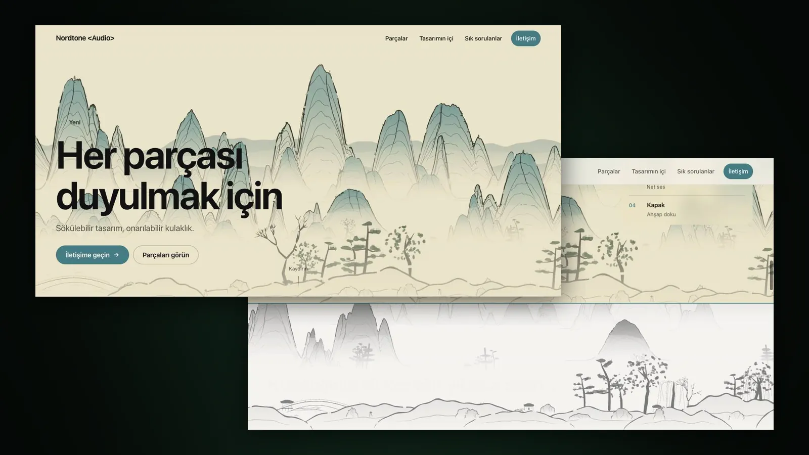 Two overlapping screens of an ink mountain themed website: the headline hero and a scrolled section