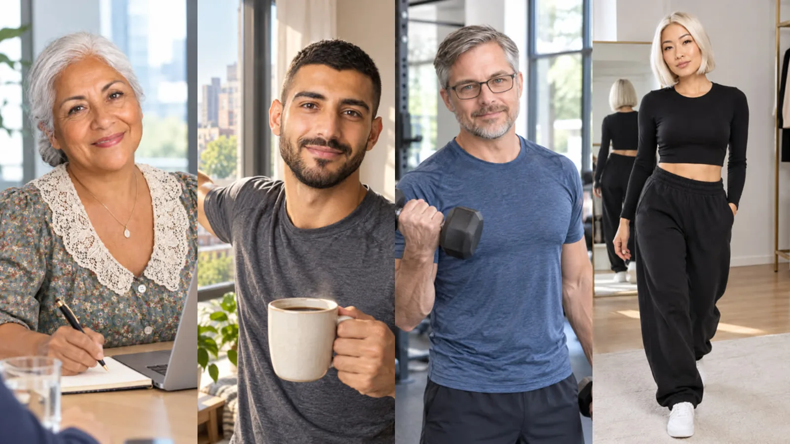 Four everyday moments across a year: an office day, a city morning with coffee, a gym session and a fashion walk